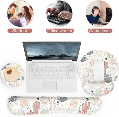 Ergonomic Mouse Pad with Wrist Rest and Keyboard Wrist Rest, Mousepad and Wrist Rest for Computer Keyboard, Pain Relief, Non-Slip Rubber Base, Mouse Pad with Wrist Support for Gaming, Office, Cactus