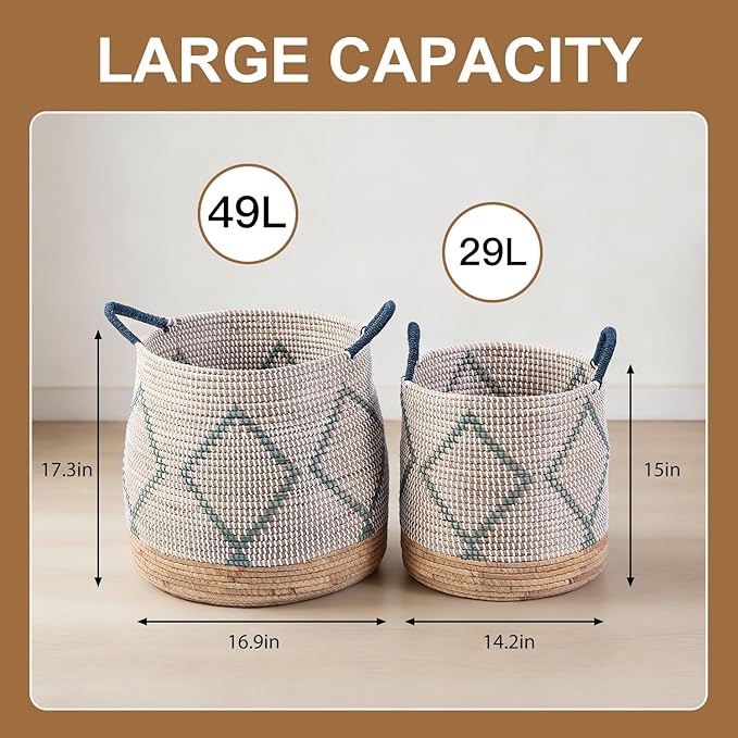 4 Pack Laundry Baskets and Woven Storage Basket for Organizing, 49L Seagrass Blanket Basket, 29L Storage Bin with Handles, 10.7L & 7.6L Cube Storage Baskets for Shelves - Blue
