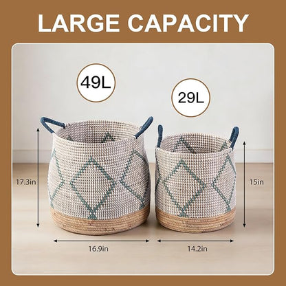 4 Pack Laundry Baskets and Woven Storage Basket for Organizing, 49L Seagrass Blanket Basket, 29L Storage Bin with Handles, 10.7L & 7.6L Cube Storage Baskets for Shelves - Blue