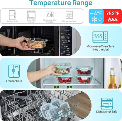 Vtopmart 5Pack 17.5oz Glass Storage Containers with Lids, Glass Meal Prep Food Container Sets with Snap Airtight Lid for Microwave, Oven, Freezer and Dishwasher, Green