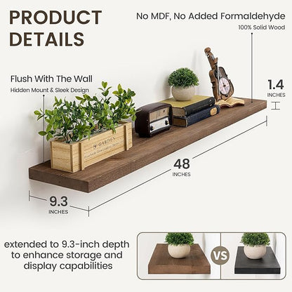 Marsmiles 48 Inch Floating Shelf | 9.3 Inch Deep Dark Wood Wall Shelf Set of 1 | Rustic Reclaimed Wood Shelves for Room Wall | Farmhouse Floating Shelves for Living Room Bathroom