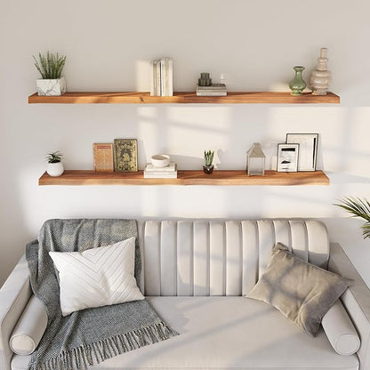 Howizz 36" Acacia Live Edge Floating Shelves Set of 2 - Wall Mounted Wooden Shelf for Stylish Home Décor - Teak Look Color 36x7.5x1.5 Inches
