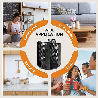 Rotating Paper Cup Dispenser, Cup Holder with 4 Compartments, Disposable Coffee Cup Dispenser Removable, Plastic Cup Storage & Lid Holder for Countertops, Kitchen, Coffee Stations (Black)