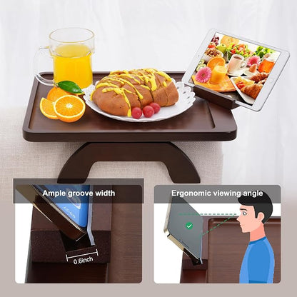 SINWANT Couch Arm Tray Table, Large Space 15.75"x 11.8" Bamboo Couch Armrest Table with 360° Rotating Phone Holder,Foldable Sofa Armrest Tray for Eating Snacks Drinks Remote Books
