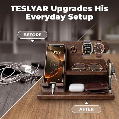 TESLYAR Wood Phone Docking Station for Men - Desk or Nightstand Organizer - Birthday Gifts for Husband, Dad - Anniversary Idea from Wife - Key Holder, Stand Wallet, Watch & Essentials (Bourbon Brown)