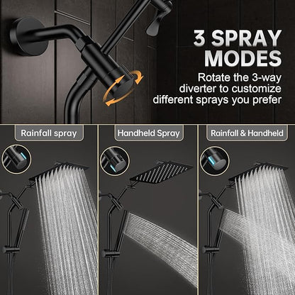 Veken All Metal 10" Black Shower Head with Handheld, Luxurious Square Double Rain Shower Heads with Spray Combo, Dual High Pressure Detachable Rainfall Showerhead with Arm,Bathroom Upgrade,Matte Black