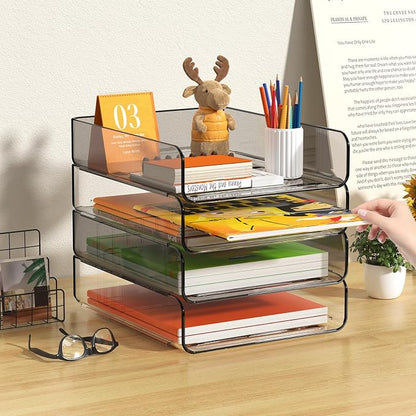 FANXIYQ 4-Tier Acrylic Paper Tray Organizer, Clear & Brown Stackable Desk Organizer for Documents, Files, A4 Paper, Mail, Books & Office Supplies, Office Classroom Home