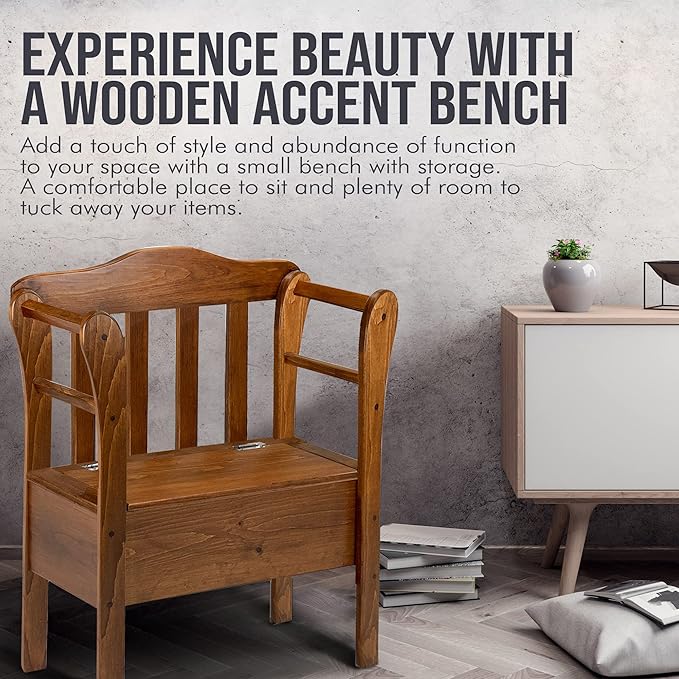 Peaceful Classics Bench with Storage - Small Wooden Storage Bench for Entryway, Hallway, Mudroom, Farmhouse, Bedroom, & Living Room, Amish Handmade Furniture Storage Organizer, Cherry