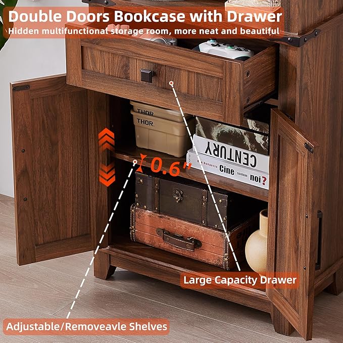 72in Tall Bookshelf 7 Tier Bookcase with Drawer and Barn Doors and Adjustable Shelves, Brown Farmhouse Book Shelf with Storage Cabinet, Wood Freestanding Display Bookshelves for Kitchen