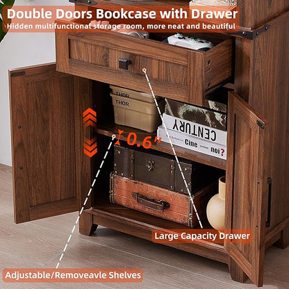 72in Tall Bookshelf 7 Tier Bookcase with Drawer and Barn Doors and Adjustable Shelves, Brown Farmhouse Book Shelf with Storage Cabinet, Wood Freestanding Display Bookshelves for Kitchen