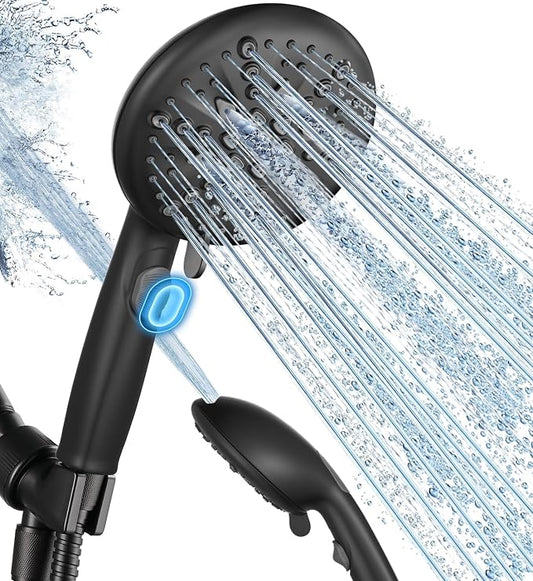 Cobbe 9-Function Shower Head with Built-in Power Spray, 1.8 GPM Water Saving ON/OFF Toggle Switch, High Pressure Handheld Showerhead with 1-Click Pause Button, Brass Bracket & 6ft Hose, Matte Black