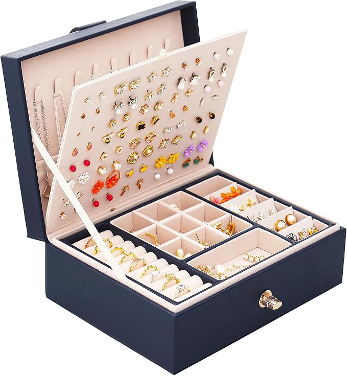 QBestry Womens Earring Jewelry Box for Girls Jewelry Earrings Organizer Box Earring Holder Organizer for Girls Jewelry Organizer Boxes for Women Girls Stud Earrings Organizers Jewelry Box Navy