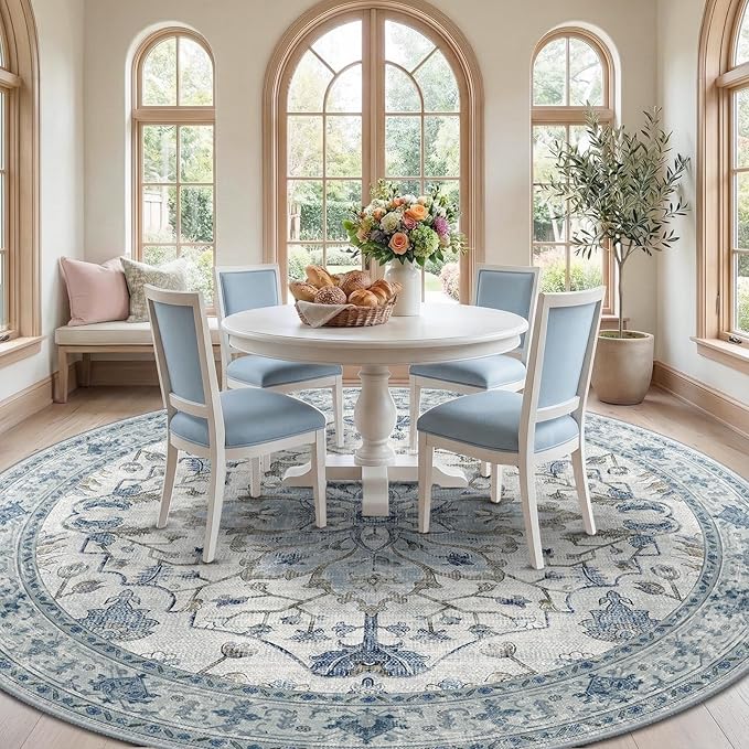 RELEANY Area Rugs Round 8ft Washable Non-Slip, Floral Vintage Distress Medallion Carpet for Living Room Bedroom Dining Room, Light Blue Navy Gray White