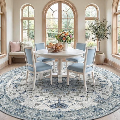 RELEANY Area Rugs Round 8ft Washable Non-Slip, Floral Vintage Distress Medallion Carpet for Living Room Bedroom Dining Room, Light Blue Navy Gray White