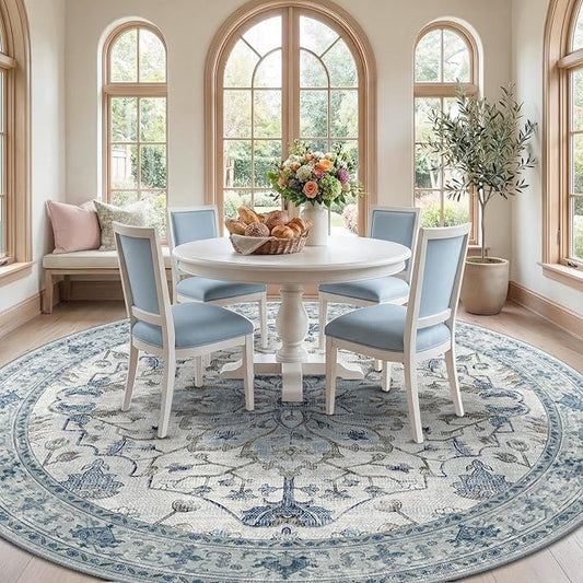 RELEANY Area Rugs Round 8ft Washable Non-Slip, Floral Vintage Distress Medallion Carpet for Living Room Bedroom Dining Room, Light Blue Navy Gray White