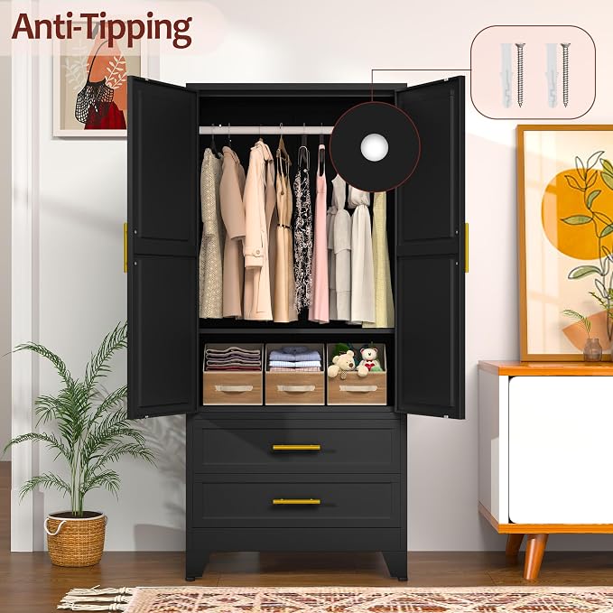 winiowa Metal Armoire Wardrobe Closet with 2 Drawers, 71" Wardrobe Cabinet with Adjustable Shelves and Hanging Rod, Clothing Storage Cabinet Closet for Bedroom-Black