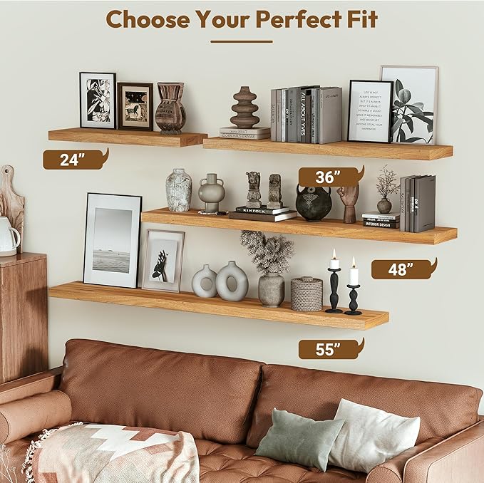 Vivelove Floating Shelves for Wall Solid Elm Wood, 24 Inches Long Rustic Wall Shelf with Invisible Bracket for Living Room Bedroom Bathroom Office Book, Farmhouse Wall Decor, Set of 2 - Natural