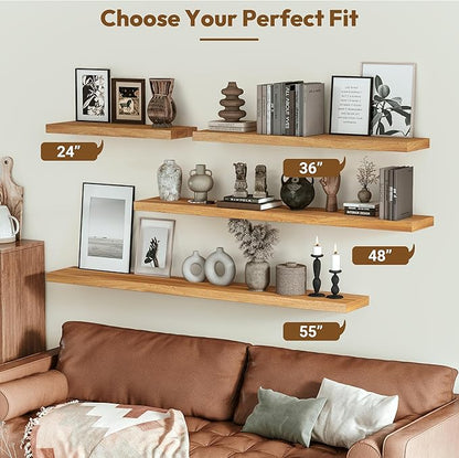 Vivelove Floating Shelves for Wall Solid Elm Wood, 24 Inches Long Rustic Wall Shelf with Invisible Bracket for Living Room Bedroom Bathroom Office Book, Farmhouse Wall Decor, Set of 2 - Natural