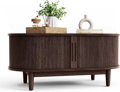 LINSY HOME Oval Coffee Table, Wood Coffee Table with Storage, Fluted Accent Center Table with Sliding Tambour Door, 39" Mid Century Modern Coffee Tables for Living Room, Bedroom, Apartment, Walnut