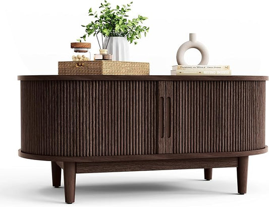 LINSY HOME Oval Coffee Table, Wood Coffee Table with Storage, Fluted Accent Center Table with Sliding Tambour Door, 39" Mid Century Modern Coffee Tables for Living Room, Bedroom, Apartment, Walnut