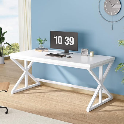 IBF Modern White Computer Desk, Industrial Long Home Office Desk for Student, Large Metal Wood Writing Study Work Desks, Farmhouse Executive Gaming Computer Table for Bedroom Living Room, White, 60 In