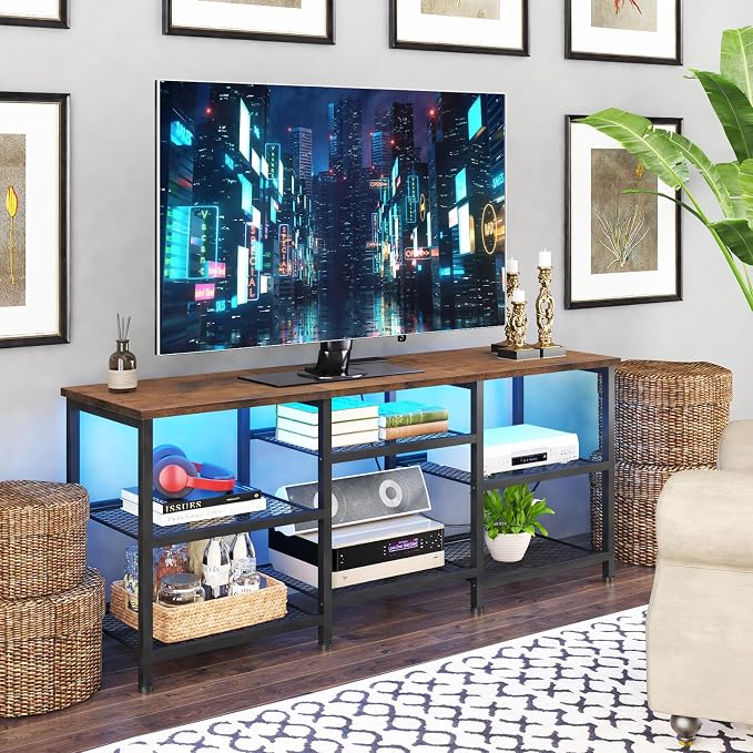 YGEOMER TV Stand for Living Room TVs Up to 50 Inches, Entertainment Center with Power Outlet and LED Lights Open Storage Shelves, TV Console for Bedroom, Rustic Brown