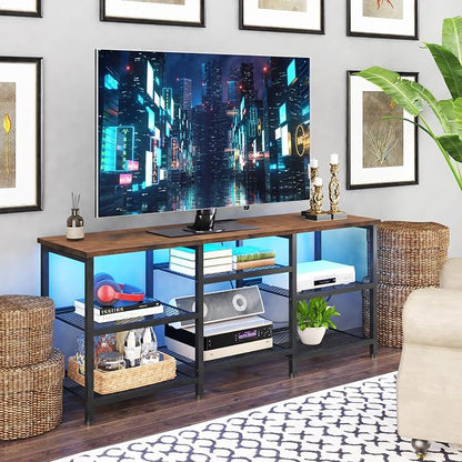 YGEOMER TV Stand for Living Room TVs Up to 50 Inches, Entertainment Center with Power Outlet and LED Lights Open Storage Shelves, TV Console for Bedroom, Rustic Brown