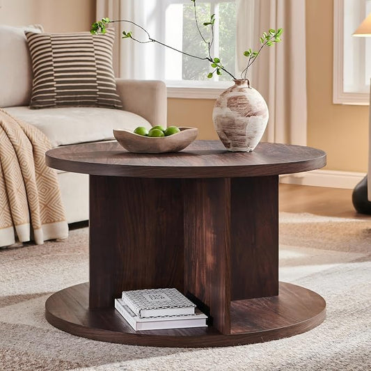JXQTLINGMU Round Coffee Table for Living Room, 32" Modern Center Table with Cross Support Structure & Open Storage Cubby, Wood Circle Cocktail Table for Small Space, Apartment, Dark Walnut