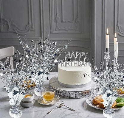 6 Pack Metallic Foil Spray Centerpiece Star Table Decoration Burst Glitter Tabletop Centerpieces for Birthday Christmas New Years Nye Wedding Graduation Holiday Party Supplies Decor, Silver
