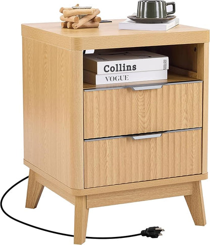 Nightstand with Charging Station,18" W Night Stand 2 Drawers Open Storage,Modern Bedside Table,Fluted Nightstand End Table with Widened Handle for Bedroom Living Room Sofa Office