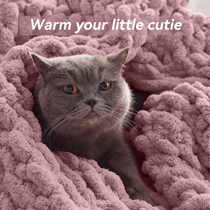 Negwoo Chunky Knit Throw Blanket, 50''*60'' Knitted Throw Chenille Yarn for Bed Couch, Handmade Muted Pink Crochet Big Thick Blanket, Machine Washable Cute Comfy Blanket for Home Decor