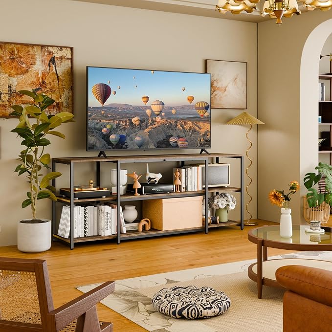 Aquzee TV Stand for 55 Inch TV, 49.2” Wide Entertainment Center with Open Storage, Wood & Metal Console Table and Media Furniture for Living Room Bedroom, Rustic Brown