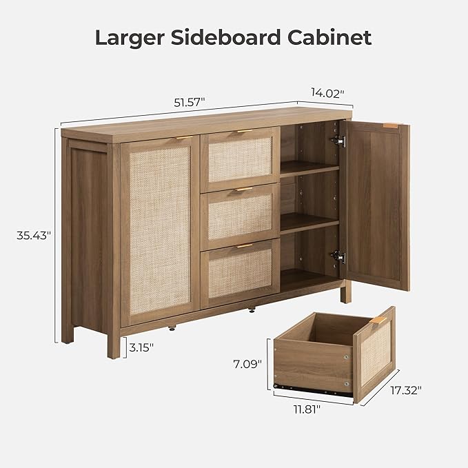 SICOTAS Rattan Large Sideboard Buffet Cabinet with Storage - Farmhouse Boho Coffee Bar Storage Cabinet with 3 Drawers and 2 Doors, Tall Credenza for Living Room, Kitchen, Caramel Oak (2 Pieces)