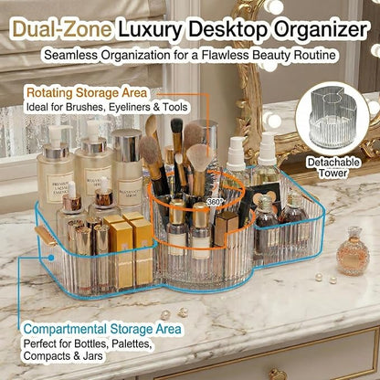 Rotating Makeup Organizer Countertop for Vanity, Cologne Organizer for Men, 360° Spinning Cosmetic Display Case with Brush Holder, Premium Handles, Acrylic Skincare Storage for Bathroom Countertop