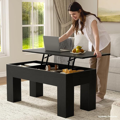 FABATO 41.7'' Lift Top Coffee Table, Wooden Rectangle Coffee Table with Hidden Storage, Large Center Table Adjustable Height Sofa Table for Living Room Office Apartment, Black