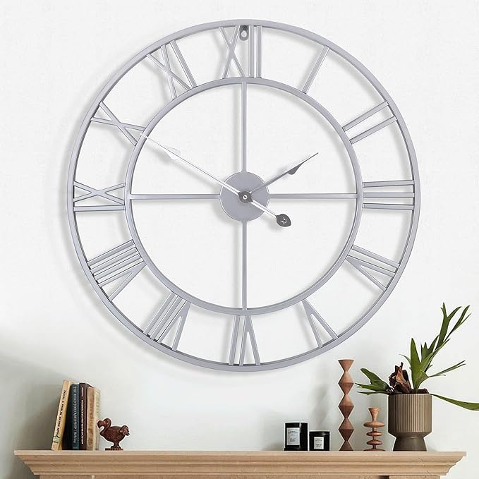 Wall Clock For Living Room Decor - 24 Inch Silent Non-Ticking Decorative Large Wall Clock, Battery Operated Vintage Retro Roman Numerals Metal Silver Wall Clock for Farmhouse, Kitchen, Bedroom Office