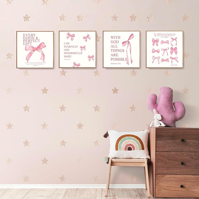 LARTSFRO Coquette Pink Bow Wall Art Decor Posters, Pink Bow Christian Room Bathroom Bedroom Dorm Wall Art Decor Aesthetic for College Teen Girls Gifts, Inspirational Bible Verses Bow Wall Decor, 8x8 Inch Set of 4 Pcs Bow Pictures (UNFRAMED)