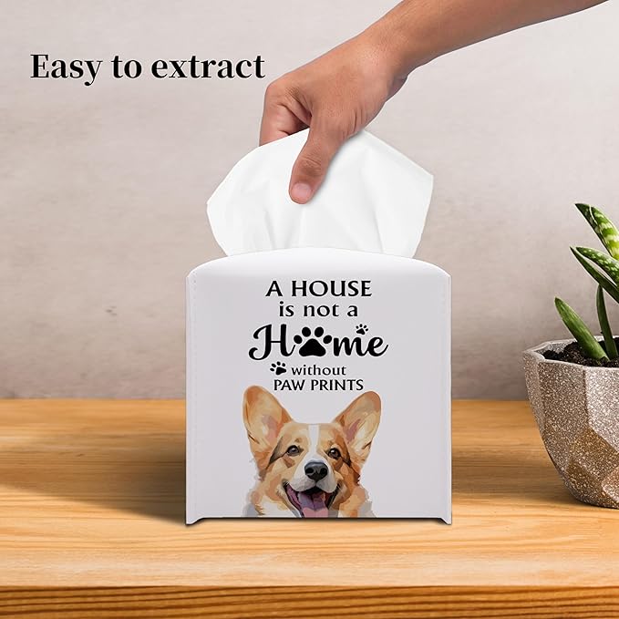 Grace Yonks Cute Corgi Tissue Box Cover Square, Corgi Dog Cube Case for Facial Tissues, 5.2" PU Leather(040)