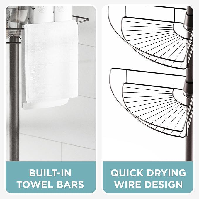 Zenna Home Tension Pole Shower Caddy Corner Organizer, Adjustable Standing Shower Caddy with 4 Baskets and Towel Bar, Rust Resistant Bathroom Tension Rod Organizer, 60 to 97 Inch, Bronze | Adjustable, Built in Towel Bar, Rust-Resistant