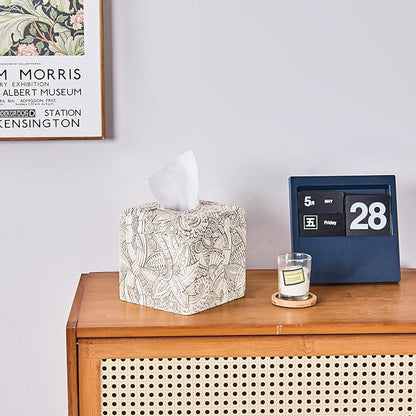 Tropical Leaves Vintage Wood Carved Square Tissue Box Cover Decorative,Tissue Box Holder, Facial Paper Holder for Bathroom Vanity Countertop, Bedroom Night Stand,Office and End Table, Rustic White