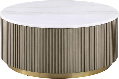 Coaster Home Furnishings - Jason - Wood and Metal - 3-Piece Coffee Table Set with Marble Tops, Reeded Drum Bases, and Gold Ring Accents - Living Room - Greige and White Marble - 711418-S3