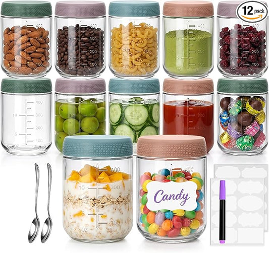 16 oz Glass Jars with Lids,12 Pack Overnight Oats Containers with lids,Small Glass Containers with Lids for Homemade Jams, Sauces, Food Jar for Smoothies, Yogurt,Spice,Desserts, and even DIY Crafts