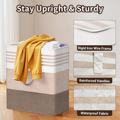 WOWBOX 2 Pack Laundry Baskets, Laundry Hampers, Freestanding Dirty Clothes Hampers with Reinforced Handles & Cross Stitch & Waterproof Coating, for Laundry Bedroom Bathroom Dorm,100L Khaki