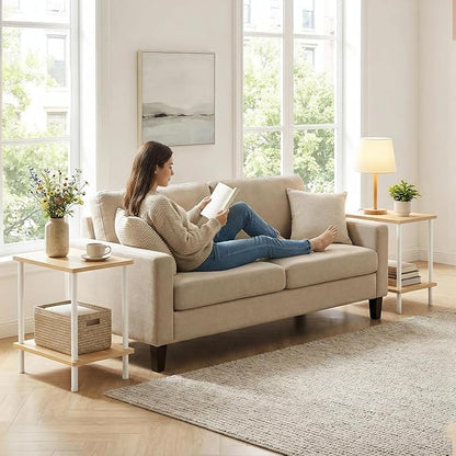 HOOBRO End Table, Small Side Table, Nightstand with 2-Layer Storage Shelves, Sofa Table for Small Spaces, Living Room, Bedroom, Stable Frame, Easy Assembly, Natural and White WN09BZ01