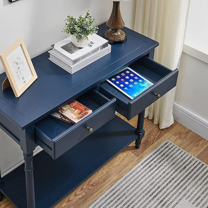Solid Wood Console Table with 2 Drawers, 2-Tier 35.4" X 30" Accent Sofa Table with Multilayer Storage Shelf Rustic Hall Entryway Tables for Living Room Home Office-Blue