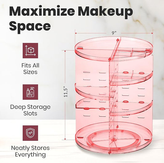Masirs Rotating Makeup Organizer for Vanity, Large 360° Spinning Cosmetic & Skincare Organizer, Adjustable Shelf Height, Perfume Stand, Countertop Storage for Bathroom or Bedroom, Pink