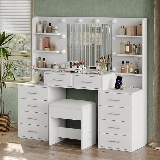 55'' W Makeup Vanity with Mirror & Lights, 10 Drawers Vanity Desk with Charging Station, 6 Open Shelves, 3 Lighting Modes Brightness Adjustable, Glass Top Vanity with Chair for Bedroom, White