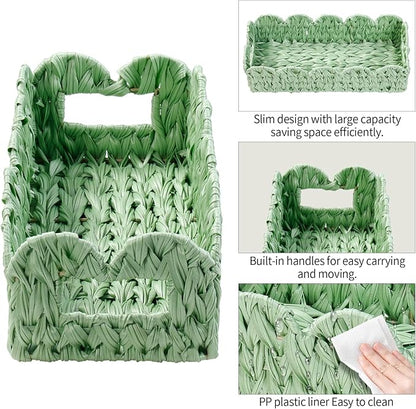 Green Toilet Basket,2 Pack Scalloped Wicker Basket for Shelves,Both Storage and Decor,Small Toilet Paper Baskets for Tank Topper,Countertop,Rectangle