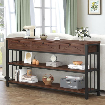 HSH 55” Sofa Table with Drawers, Entryway Table with Storage Shelf, 3 Tier Console Table with Storage Behind Couch for Living Room, Rustic Wood Metal Entry Hallway Table for Entrance, Walnut, 55 in