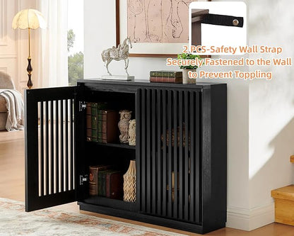 LKTART Black Modern Sideboard Buffet Storage Cabinet,Wood Accent Storage Cabinets with 2 Doors,TV Media Narrow Console Table for Living Room,Entryway